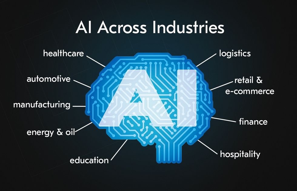 Illustration of AI across industries showing a brain-shaped circuit board with 'AI' in the center. Surrounding industries include healthcare, automotive, manufacturing, energy & oil, education, logistics, retail & e-commerce, finance, and hospitality.