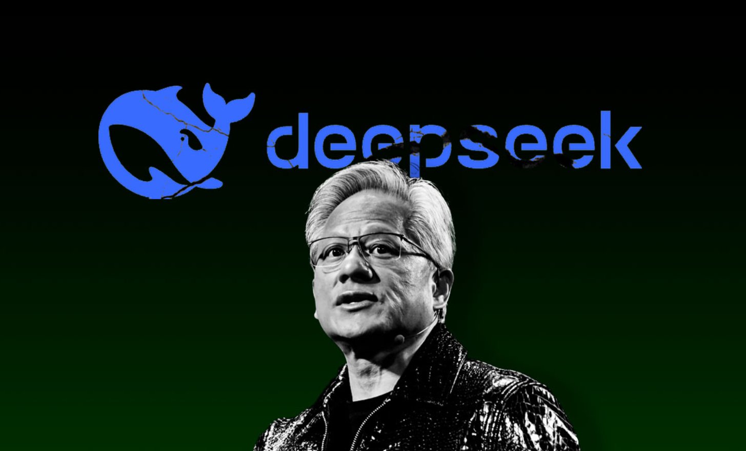 Black-and-white image of Nvidia CEO Jensen Huang in front of the cracked DeepSeek logo, symbolizing the AI rivalry between Nvidia and the Chinese AI company DeepSeek.