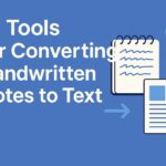 AI tools converting handwritten notes to digital text, showcased through mobile apps, OCR software, and smart notebooks in a vibrant flat illustration.