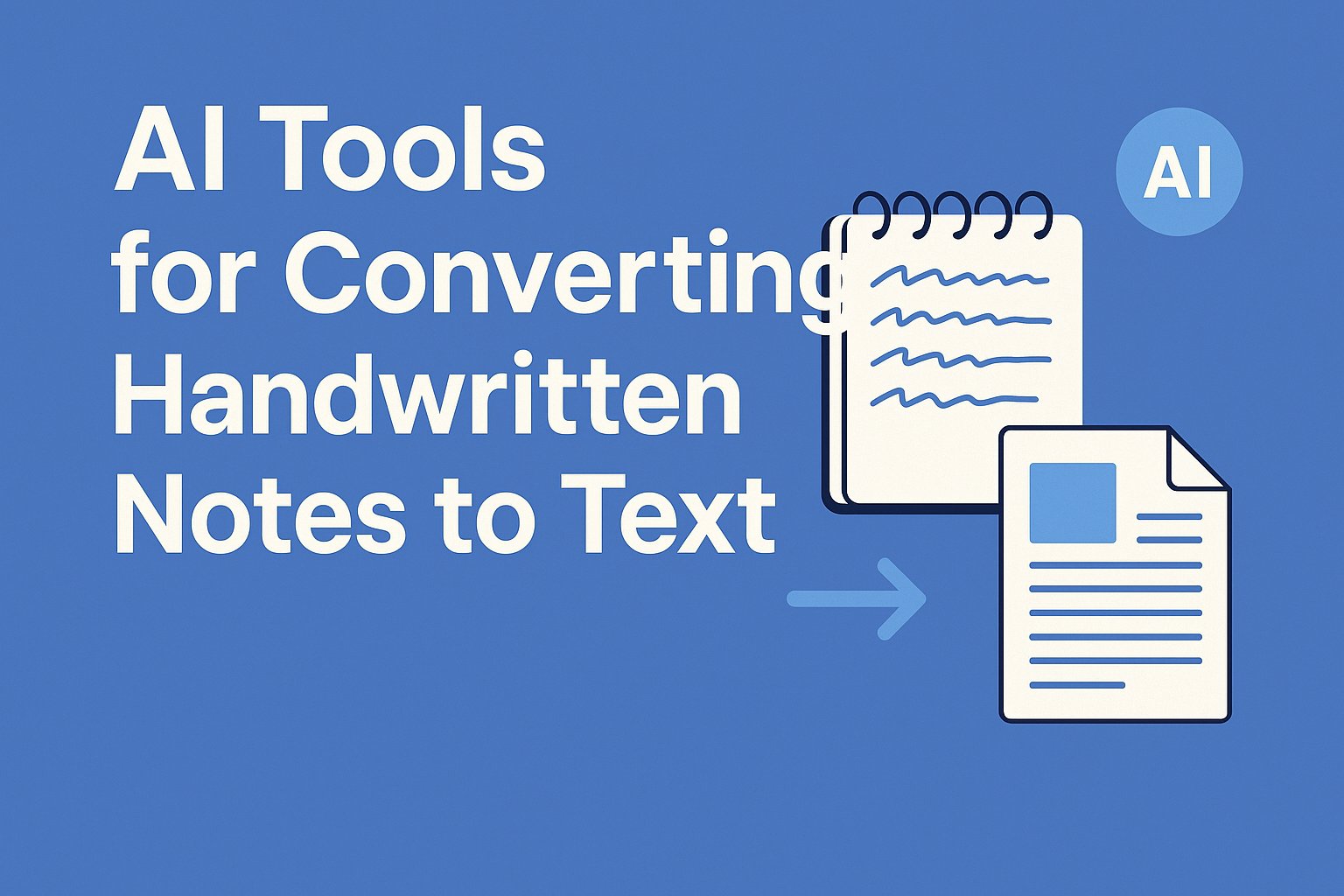AI tools converting handwritten notes to digital text, showcased through mobile apps, OCR software, and smart notebooks in a vibrant flat illustration.