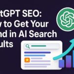 A 2D digital graphic illustrating 'ChatGPT SEO: How to Get Your Brand in AI Search Results' with ChatGPT logo, a search result snippet, and an upward-trending arrow symbolizing SEO growth.