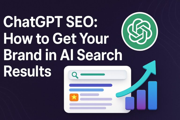 A 2D digital graphic illustrating 'ChatGPT SEO: How to Get Your Brand in AI Search Results' with ChatGPT logo, a search result snippet, and an upward-trending arrow symbolizing SEO growth.
