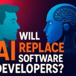 Illustration of a human software developer facing an AI robot, with bold text asking "Will AI Replace Software Developers?" on a vibrant red and blue gradient background.