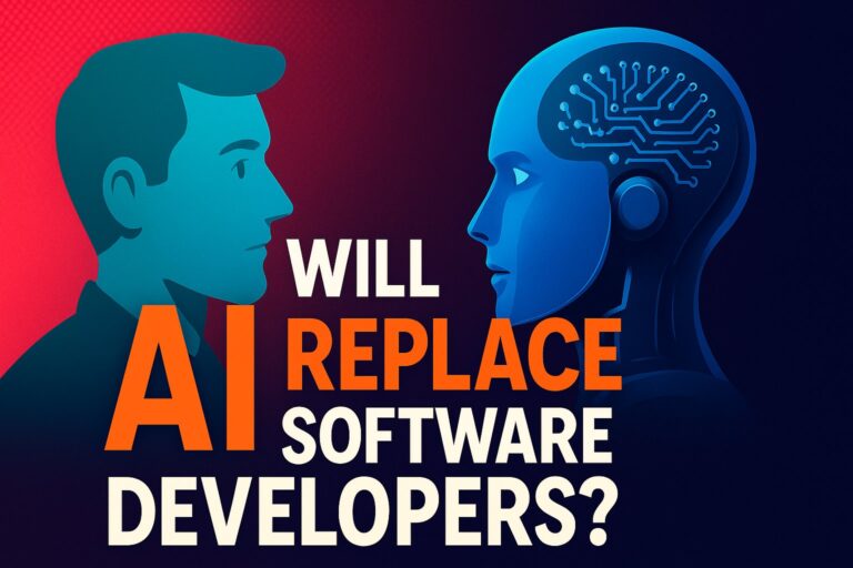 Illustration of a human software developer facing an AI robot, with bold text asking "Will AI Replace Software Developers?" on a vibrant red and blue gradient background.