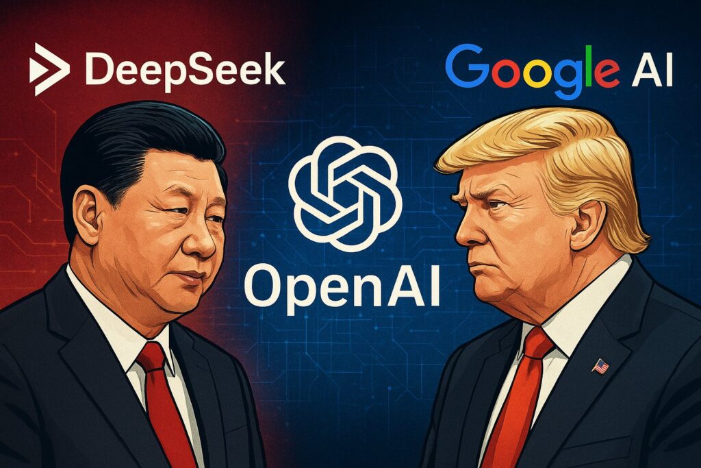 Illustrated depiction of Chinese President Xi Jinping and former U.S. President Donald Trump facing each other, with DeepSeek, OpenAI, and Google AI logos in the background symbolizing an AI technology rivalry between China and the USA.