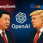 Illustrated depiction of Chinese President Xi Jinping and former U.S. President Donald Trump facing each other, with DeepSeek, OpenAI, and Google AI logos in the background symbolizing an AI technology rivalry between China and the USA.