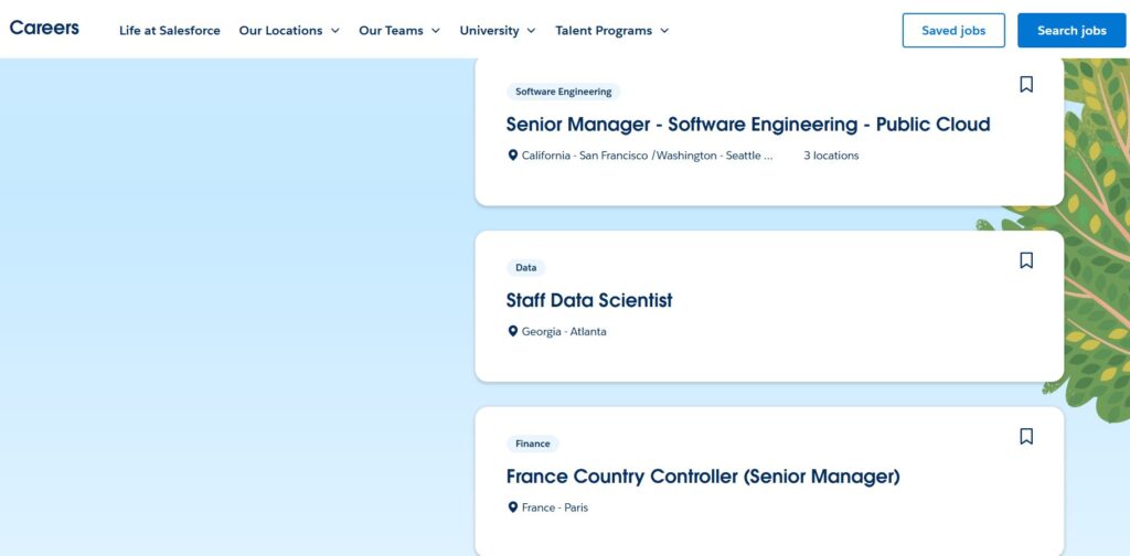 Screenshot of Salesforce’s careers page showing open positions for Senior Manager in Software Engineering, Staff Data Scientist, and Finance roles, raising the question, “Will AI replace software developers?”
